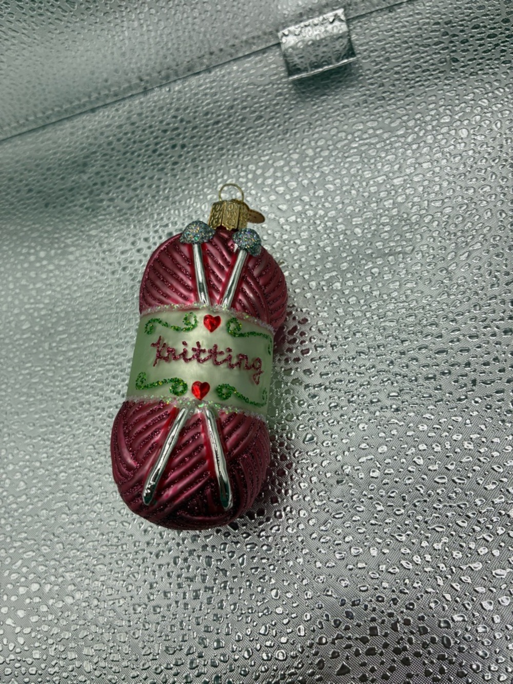 Holiday Knitting Ornament - Pink Yarn Ball with Needles